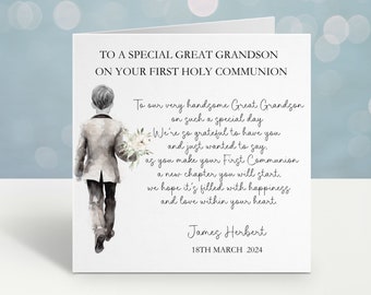 Personalised Holy Communion Card, 1st Communion Card For Great Grandson, Communion Card Nephew, Communion Card For A Special Little Boy