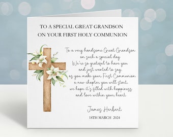 Personalised Holy Communion Card, 1st Communion Card For Son, Communion Card Great Grandson, Communion Card For A Special Little Boy