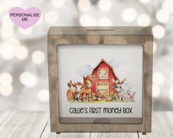 My First Money Box, Personalised Farmyard Money Box, Shadow Box Frame Money Box, Christening Gift, Birthday Gift For Grandchild