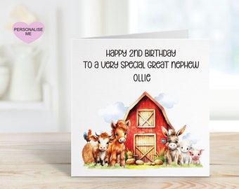 Great Nephew 2nd Birthday Card, Birthday Card For Great Nephew, Any Age Card, 1st, 2nd, 3rd, 4th, 5th, Personalised Farmyard Birthday Card