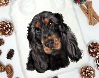 Cadeaux cocker, bouillotte moelleuse, bouillotte personnalisée, bouillotte, cadeau cocker noir et feu, cadeaux chien