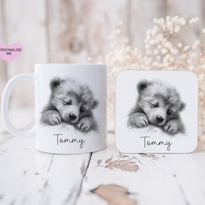 Taza de oso somnoliento, taza de oso personalizada y juego de regalos de posavasos, regalo para nieta, regalo para mamá, regalo para amigo