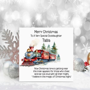 Tarjeta de Navidad para ahijada, tarjeta de Navidad para ahijada, tarjeta de Navidad personalizada, tarjeta de Navidad con tren