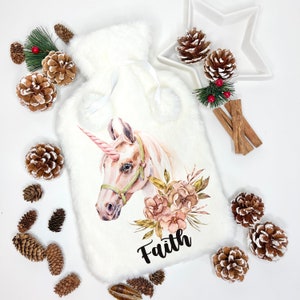 Garrafa de água quente, garrafa de água quente fofa, garrafa de água quente personalizada, garrafa de água quente com letras florais, presente para babá, unicórnio