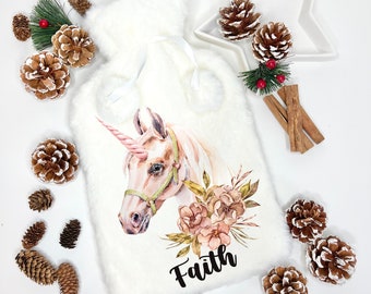 Wärmflasche, Flauschige Wärmflasche, personalisierte Wärmflasche, Florale Buchstabe Wärmflasche, Geschenk für Nanny, Einhorn