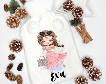 Flauschige Wärmflasche, personalisierte Wärmflasche, Weihnachtsgeschenk für Mädchen, Weihnachtsgeschenk für Enkelin, Weihnachtsgeschenk Tochter