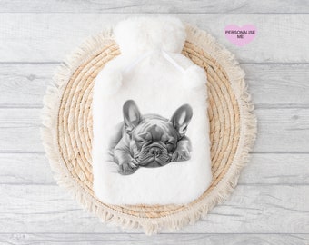 Cadeau frenchie, bouillotte personnalisée, cadeau de Noël chien, cadeau de Noël pour amoureux des chiens, bouillotte frenchie endormie
