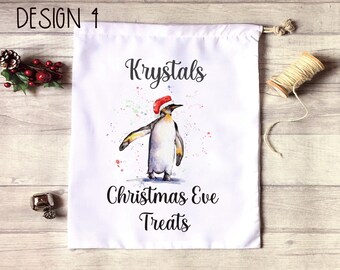Christmas Eve Treat Bag, Personalised Xmas Eve Goodies Bag, Twas The Night Before Christmas Family Treat Bag, Penguin Design Xmas Eve Sack