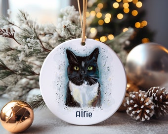 Black Cat Bauble, Personalised Cat Christmas Tree Decoration, Black And White Cat Tree Decoration