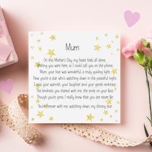 Muttertags-Erinnerungskarte, Muttertag ohne Sie Karte, Gedenkmutter-Tageskarte, Muttertag im Himmel Karte, Gedicht für Mama
