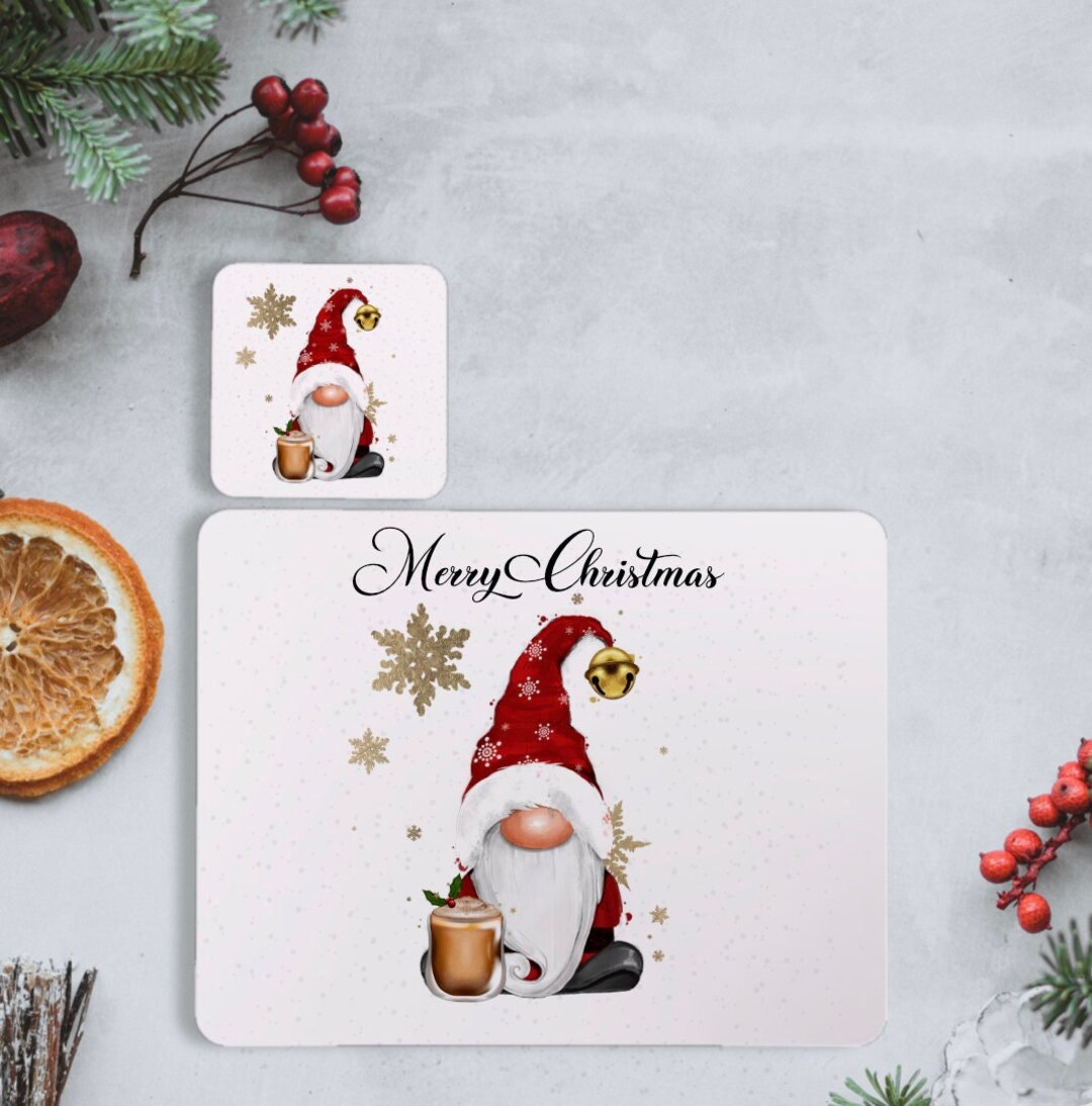 Gonk Christmas Placemat and Coaster Set, Personalised Christmas Gnome Placemat, Christmas Gnome