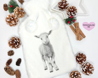 Botella de agua caliente, cubierta de botella de agua caliente, botella de agua caliente con diseño de cordero bebé, juego de regalo de botella de agua caliente