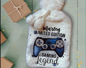 Personalised Hot Water Bottle, Gamer Design Hot Water Bottle, Gaming Legend Hot Water Bottle, Deluxe Fluffy Cover