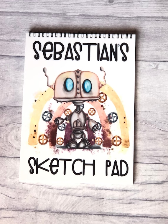 Kids Personalised Sketch Pad, Childrens Sketch Pad, Robot Design