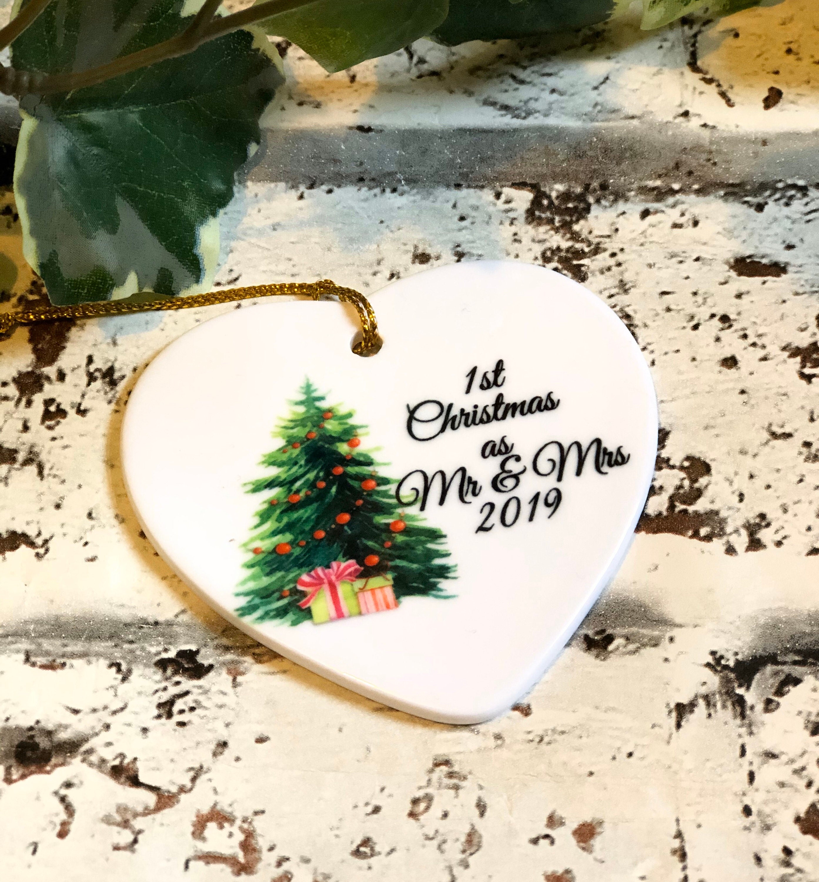Personalised first 1st christmas as Mr & Mrs tree decoration 8cm wooden heart 