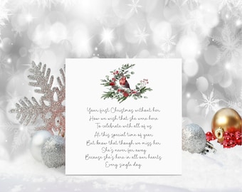 May include: A Christmas card with a watercolor illustration of a robin perched on a branch with red berries and green leaves. The card has text that reads "Your first Christmas without her..." and is surrounded by Christmas ornaments.