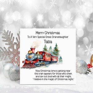 Tarjeta de Navidad para bisnieta, tarjeta de Navidad para ahijada, tarjeta de Navidad personalizada, tarjeta de Navidad del tren de Navidad