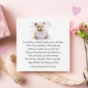 Nanny im Himmel, Muttertags-Erinnerungskarte, Muttertag ohne dich Karte, für meine Oma im Himmel, Muttertagsgedicht für Nanny im Himmel