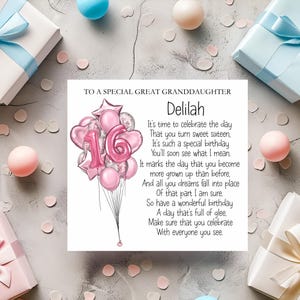 Urenkelin 16. Geburtstagskarte, Sweet Sixteen Geburtstags-Gedicht-Karte, Karte für Tochter, Großnichte, personalisierte Geburtstagskarte