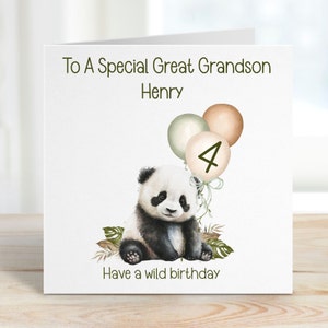 Pronipote 4o biglietto di compleanno, 4o biglietto di compleanno per pronipote, pronipote personalizzato 4o biglietto di compleanno, Safari Panda Design