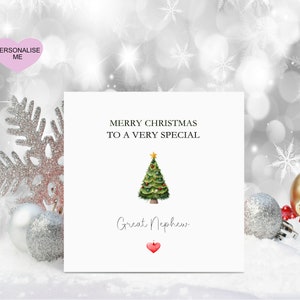 Biglietto di Natale per pronipote, biglietto di Natale per pronipote, biglietto di Natale personalizzato, biglietto per albero di Natale