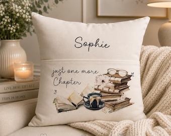 Reading Cushion, Adult Book Cushion, Gift For Her, Friend Gift, Librarian Present, Just One More Chapter, Book Pocket Cushion