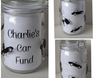 Personalised Car Fund Saving Jar, Personalised Money Box, Piggy Bank, New Car, First Car