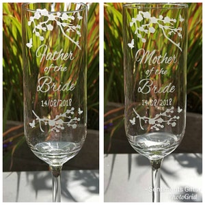 Cherry Blossom and Butterfly Engraved Wedding Champagne Flutes, Bride & Groom, Mother/Father of the Bride, Wedding Date