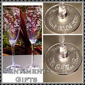 Personalised Engraved Cherry Blossom & Butterfly Champagne Flutes - New - Handmade - Wedding Gift
