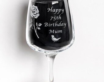 Personalised 75th Birthday Wine Glass for Mum | Engraved Birthday Gift | Custom Keepsake Glass | 75th Birthday Present