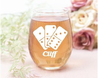 Engraved Glass with Dominoes Design, Personalised, Choice of Glasses, Wine, Beer, Whiskey