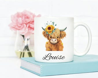 Personalised Highland Cow Mug, Gift Boxed, Birthday Gift, Mother's Day Gift, Christmas Gift