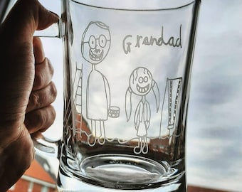 Your Child's Drawing + Handwriting Engraved onto a glass - Unique Gift- Father's Day, Mother's Day, Gift for her, Gift for him, Grandad