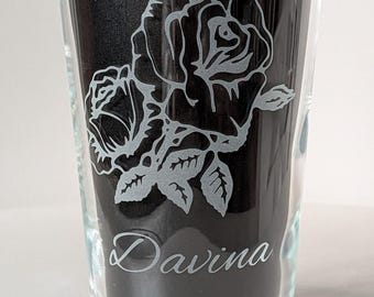 Rose Engraved Glass, Personalised Gift, Birthday Gift, Christmas Gift, Choice of glasses