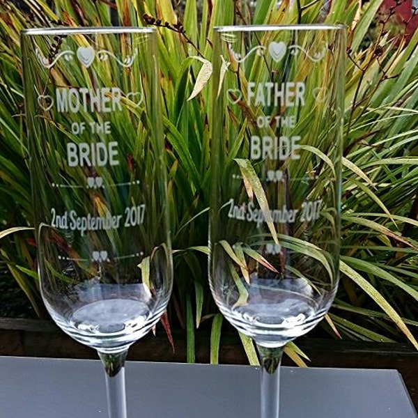 Engraved Mother & Father of the Bride Champagne Flutes - Personalised with date