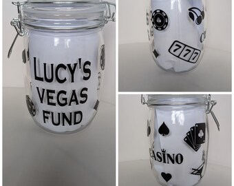 Personalised Holiday Fund Jar: Kilner Style Glass Money Box, Vegas Holiday