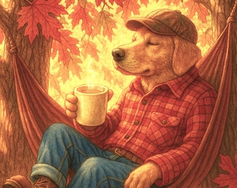 May include: Illustration of a dog-like character in a red plaid shirt, blue jeans, and a brown cap, relaxing in a hammock. The dog is holding a mug, surrounded by autumn leaves. The artwork evokes a cozy, fall theme.