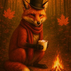 May include: An illustration of a fox wearing a top hat and scarf, holding a cup of hot cocoa. The fox is sitting near a campfire in an autumn forest setting with orange leaves and trees.