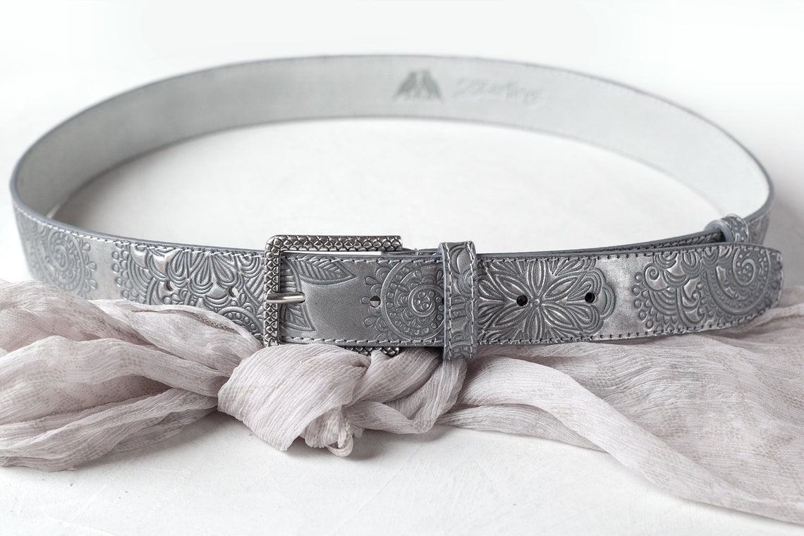 Gray Silver Leather Belt Hand Painted Tooled Leather Etsy