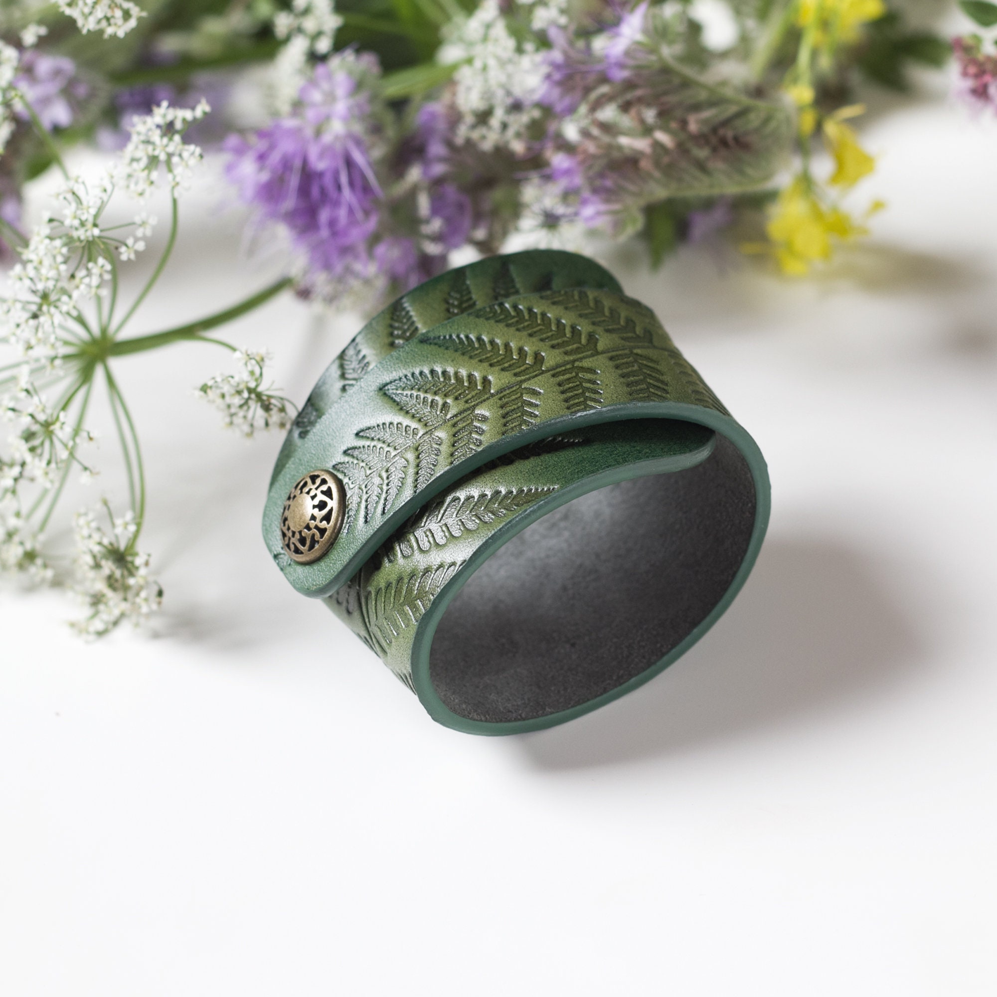 Green Leather Cuff Bracelet for Women with Snap Closure Fern Etsy