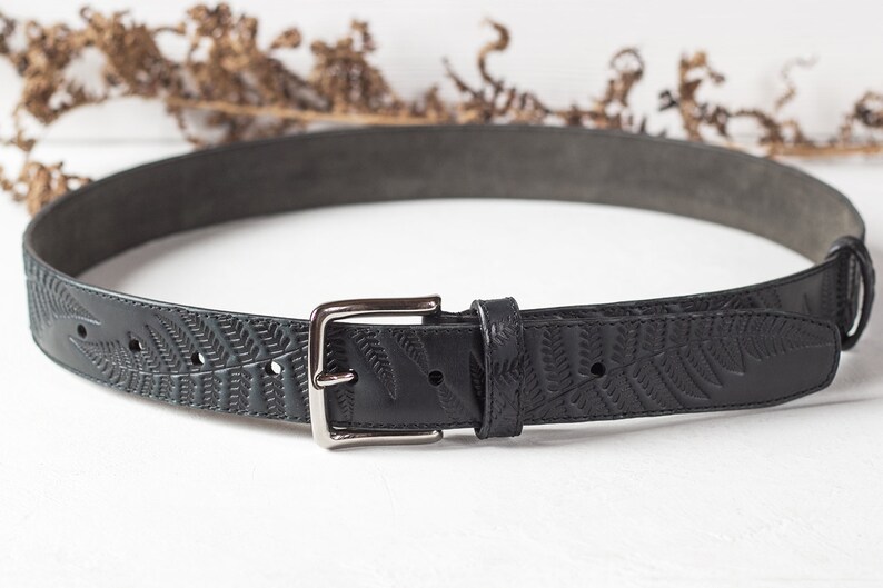 Black Leather Belt Fern Leaves Botanical Ornaments 1.5 | Etsy