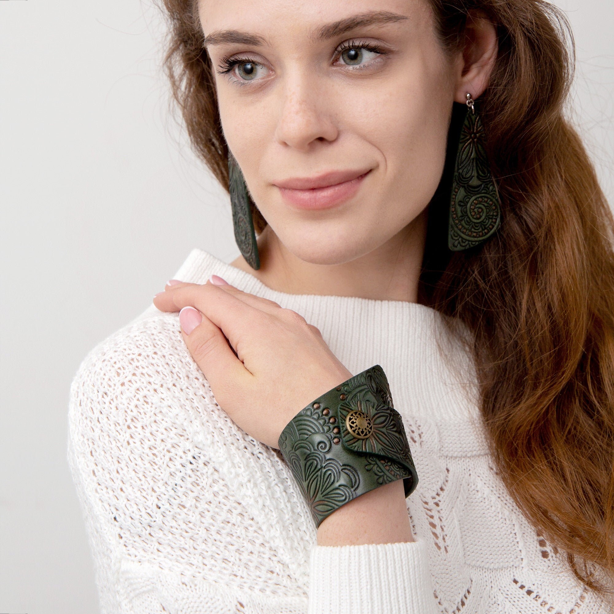 Dark Green Leather Cuff Bracelet for Women Ladies Girls With Etsy