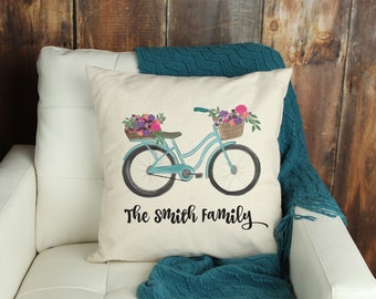 Pillow Cover, Gifts for her, Last name Throw Pillow Cover, Bicycle Pillow, Farmhouse Personalized Pillow, Cute Throw Pillow