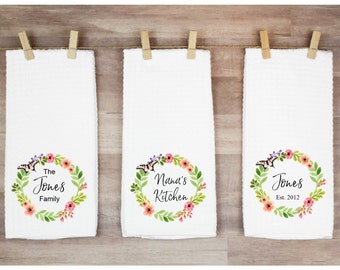 Mother's Day Gift, Personalized towels, Gift idea for her, Custom Floral Kitchen Towel Set, Personalized Dish Towel, Custom Wedding Gift