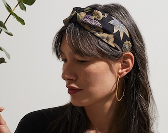 Ibara Black Headband with rose & momiji floral print