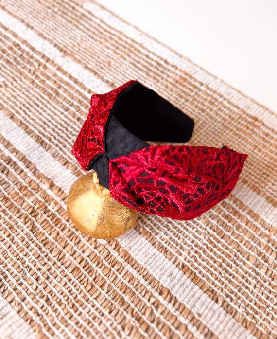 Red Floral Statement Headwrap with Bow Bold Organza Flower Accent Statement Turban Hair Wrap  main image 3