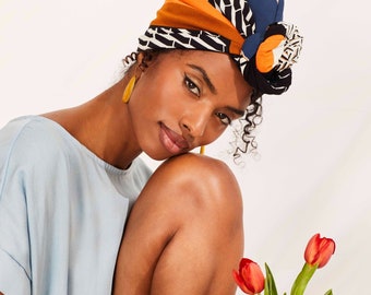 Turban foulard à imprimé graphique orange et bleu Simone