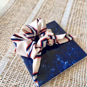 Amelia Cream, Blue & Red Striped Print Scrunchie