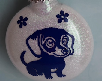 Dachshund Dog Ornament Handmade USA Blue Vinyl White Glitter Unique