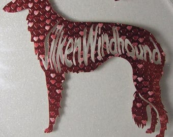 Silken Windhound rose gold vinyl decal on acrylic disk